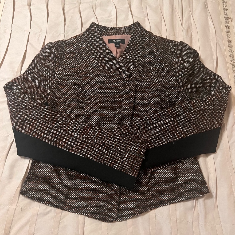 Ann Taylor Women's Size 8 Black Burgundy Metropolis Tweed Moto Jacket Zip Front